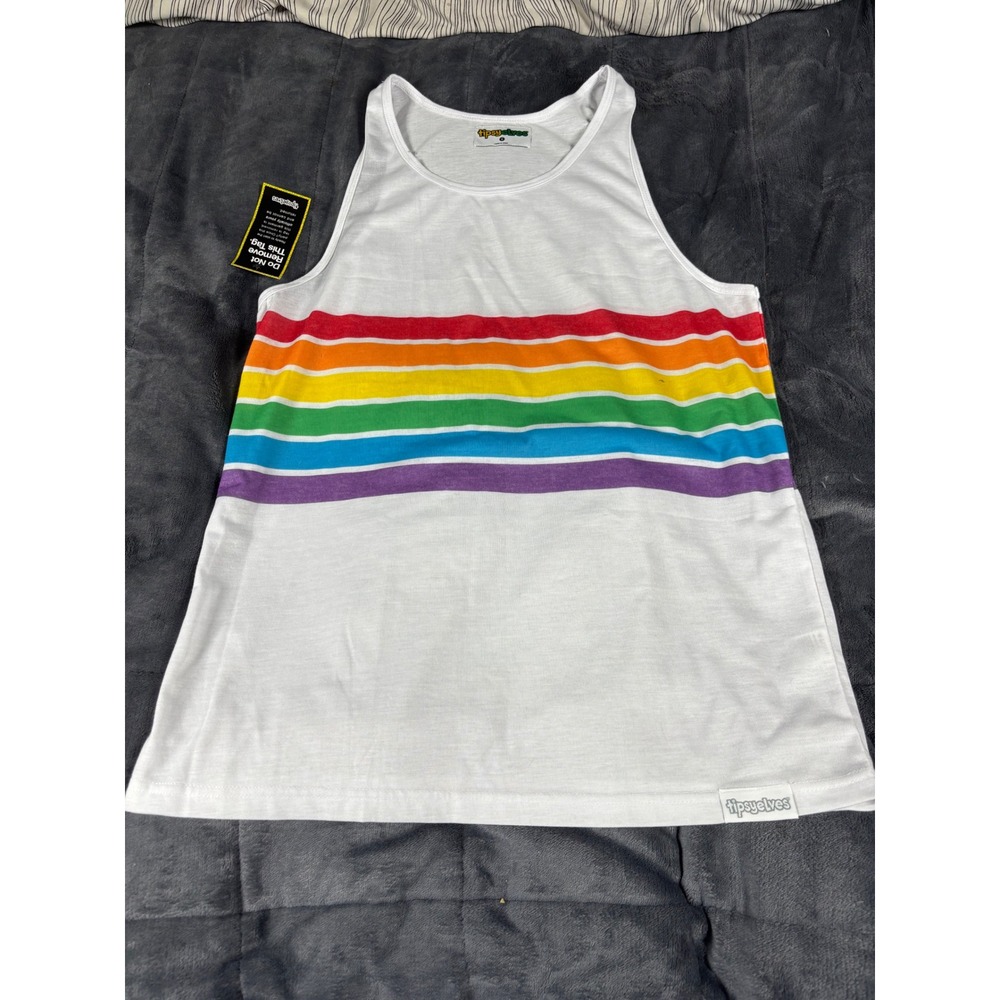 Tipsy Elves Womens Rainbow Stripe‎ Tank Top White Pride Sleeveless Scoop Neck S